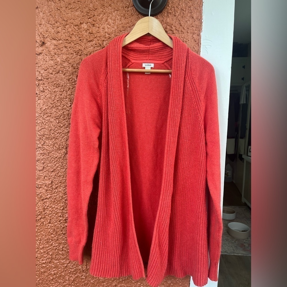 LL Bean Cardigan Women's Medium Orange Open Knit Sweater